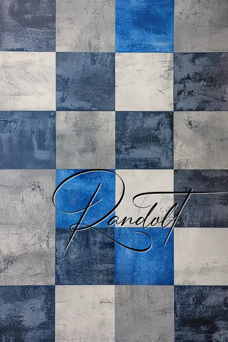 Abstract geometric painting with blue, gray, and white squares, featuring a cursive signature across the middle.