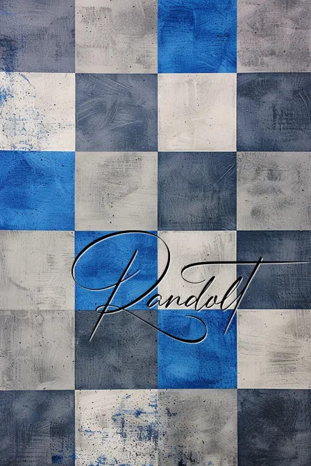 Abstract checkered painting with blue, gray, and white squares, featuring the word 'Randolf' in cursive text.