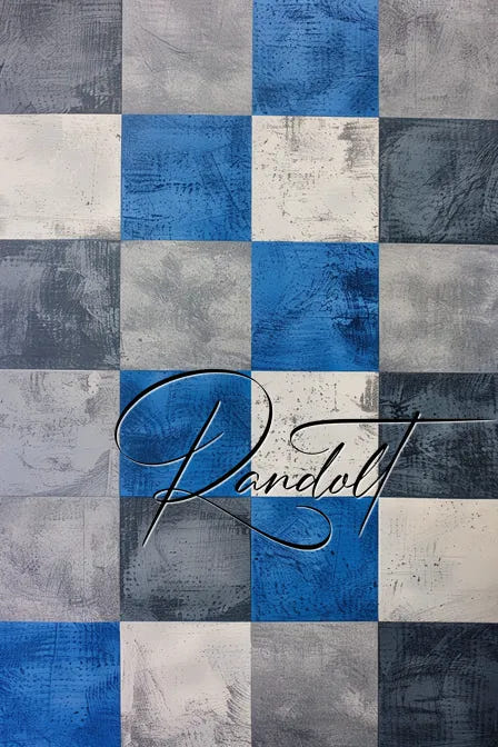 Blue and gray checkerboard pattern with cursive text overlay in the center.