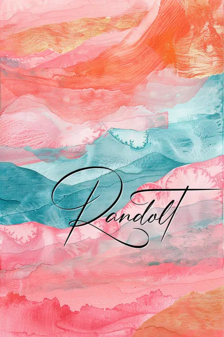 Colorful abstract painting with red, pink, and teal swirls, featuring the word 'Randolt' in elegant script.