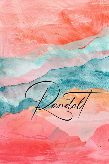 Abstract artwork with coral, teal, and pink swirls featuring the word 'Randolt' in elegant cursive.