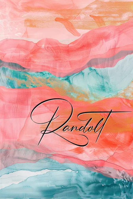 Abstract painting with pink, orange, and teal swirls, featuring the word 'Randolt' in elegant script.