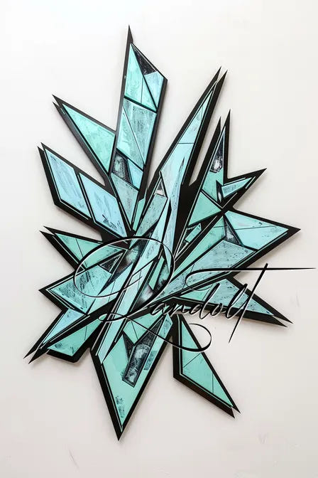 Abstract geometric artwork with sharp turquoise shapes and black outlines on a white background.