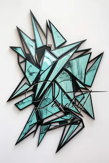 Abstract artwork with sharp, overlapping turquoise and black triangular shapes.