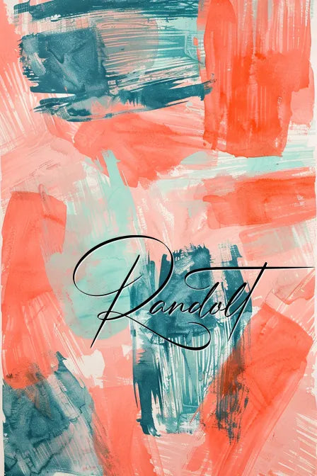 Abstract painting with bold coral and teal brushstrokes, featuring the word "Randoll" in elegant script.