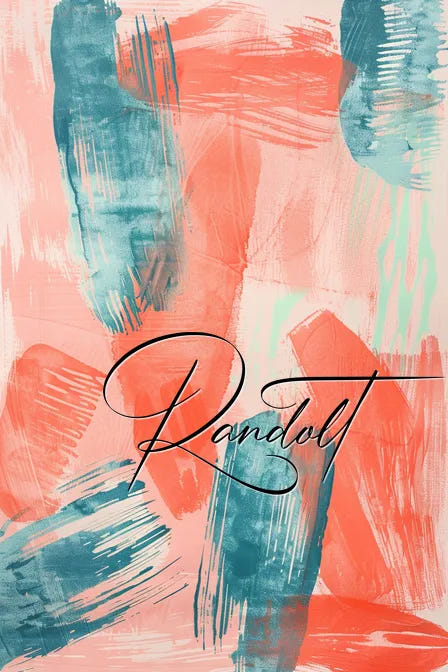 Abstract painting with teal and coral brushstrokes and the word 'Randolt' in cursive across the center.