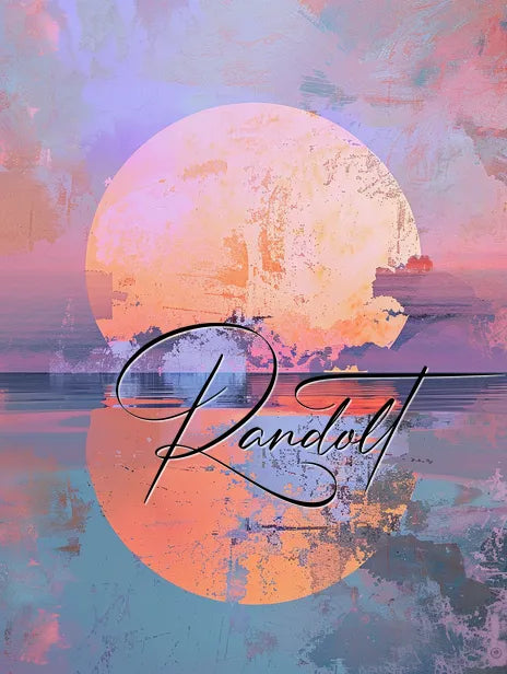 Pastel abstract art with a large circle, sunset colors, and the word 'Randolt' in elegant script.