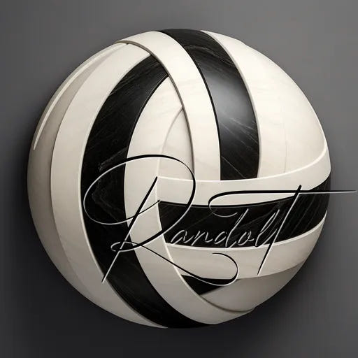 Black and white striped spherical sculpture with signature overlay on grey background.