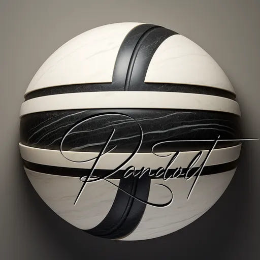 Sleek black and white sphere with intersecting bands, displaying a signature across the center.