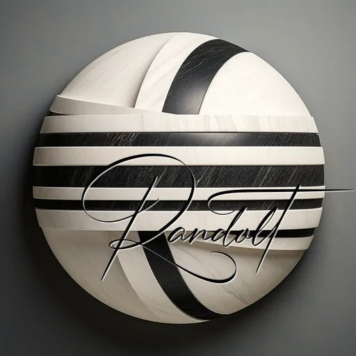 A round abstract sculpture with black and white striped pattern and the word 'Randolt' overlaid.