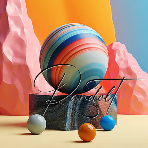 Colorful striped sphere with smaller spheres on a rocky pedestal, set against abstract pink and orange background.