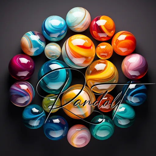 Colorful marbled spheres with swirling patterns arranged in a circle on a dark background.