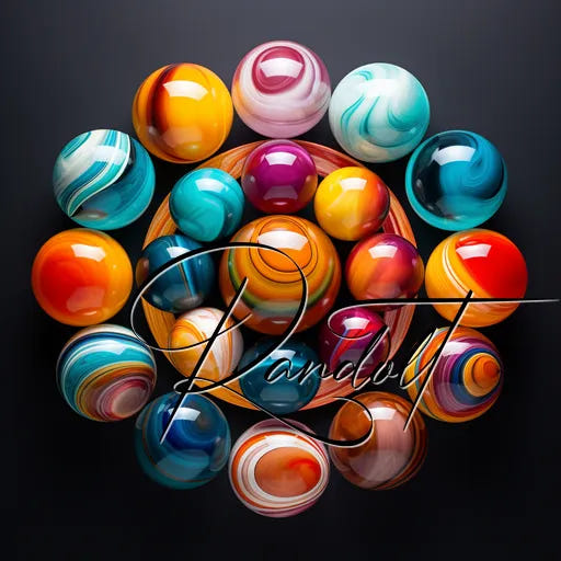 Colorful marbles arranged in a circle with elegant script text overlayed on a dark background.