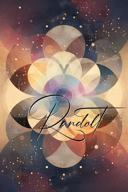 Abstract geometric pattern with overlapping circles and colorful cosmic background, "Randolt" text in cursive.