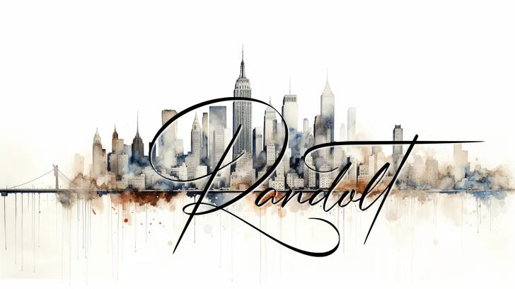 Watercolor skyline of a city with "Ravdol" in elegant script overlay.