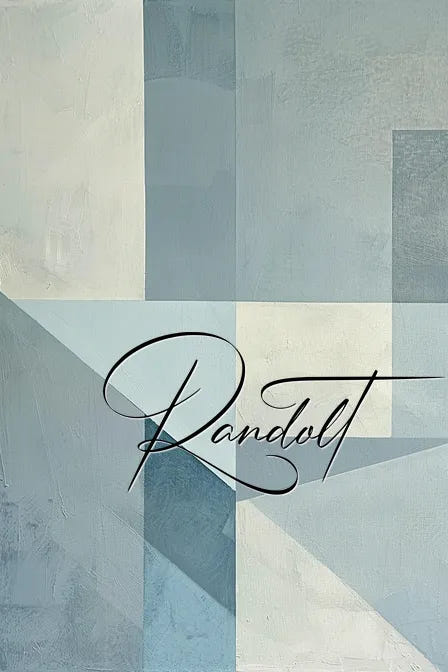 Abstract geometric painting with shades of blue and gray, featuring the word 'Random' in elegant cursive font.