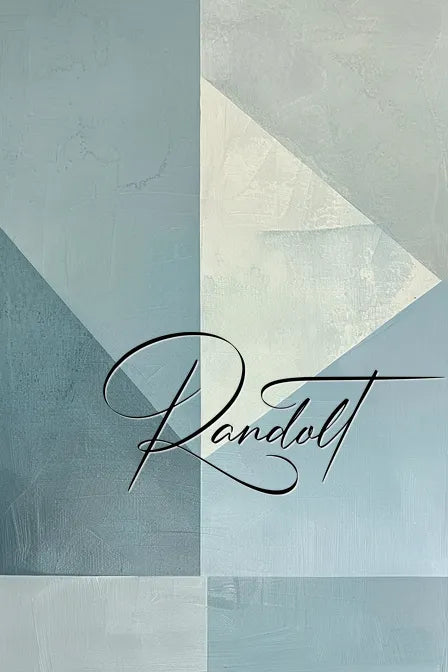 Abstract geometric artwork with shades of blue and intersecting lines; "Randolt" written in elegant script.