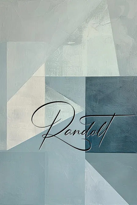 Abstract geometric painting in shades of blue and gray with "Randolt" written in elegant script.