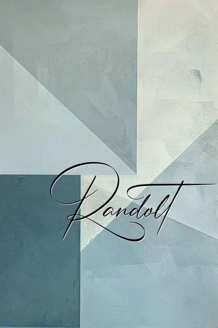 Abstract geometric painting with blue and gray shapes, featuring the "Randvl" signature in elegant script.