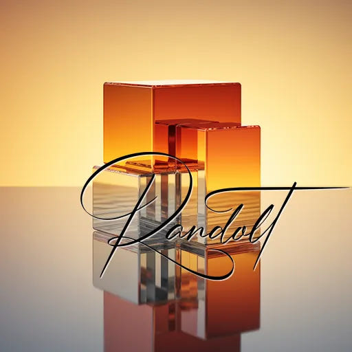 Amber glass blocks on reflective surface with "Randolt" signature in front.