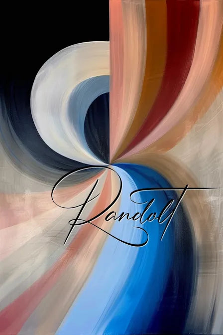 Abstract painting with swirling colors of blue, red, and beige converging at center, with "Randolt" in script font.