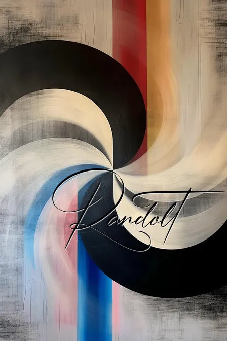 Abstract painting featuring swirling black, white, red, and blue forms with the word 'Randall' scripted across.