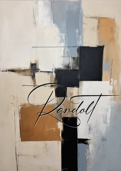 Abstract painting with geometric shapes in beige, black, and blue, featuring elegant cursive text overlay.