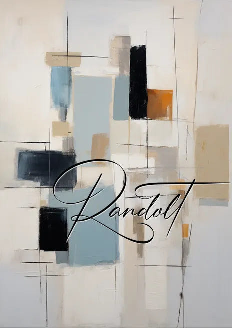 Abstract painting with rectangles in blue, black, orange, and beige, featuring the word 'Randolt' in cursive.