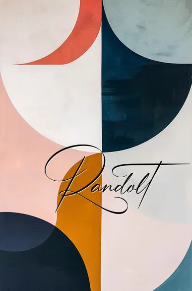 Abstract geometric shapes with curved blocks in pink, blue, and mustard tones, featuring the word 'Randolt' in cursive.