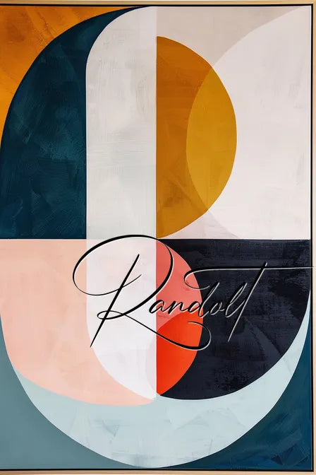 Geometric abstract art with bold colors and overlapping shapes, featuring an elegant script signature 'Randall.'