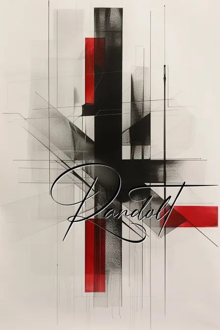 Abstract geometric artwork with black, red, and gray shapes intersected by fine lines and calligraphic text.