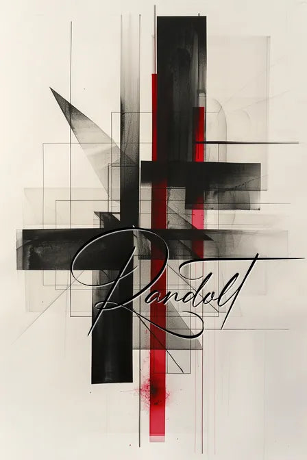 Abstract art with black, red, and transparent rectangles overlaying each other, with the name 'Randell' in cursive.