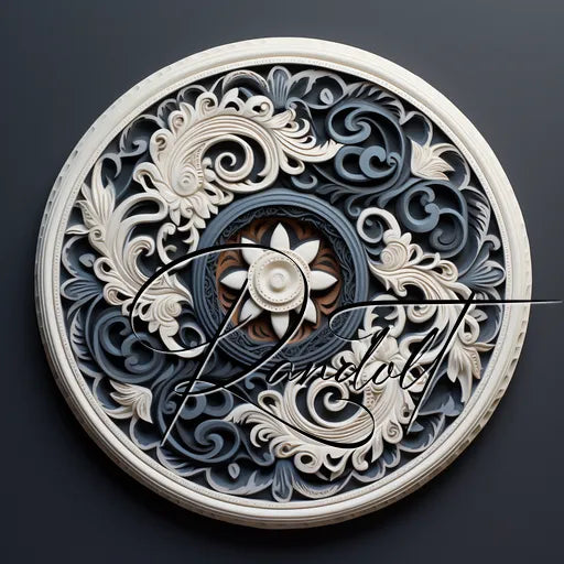 Intricate circular wooden carving with floral and swirling patterns on a dark background.