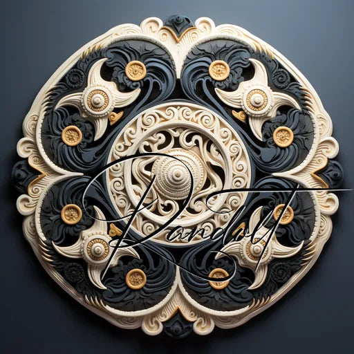 Intricate circular pattern with black, cream, and gold swirls and details on a dark background.