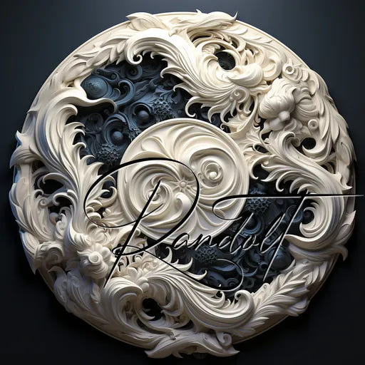 Intricate circular design with swirling white patterns on black background, featuring elegant script text overlay.