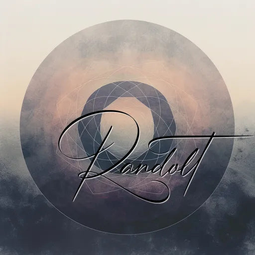 Circular abstract design with geometric layers and the word 'Randolt' in elegant script over a gradient background.