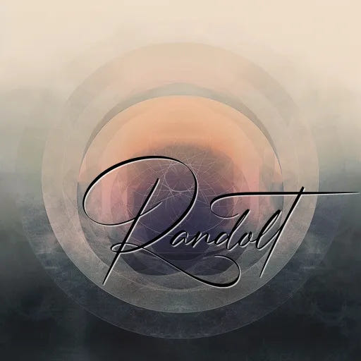 Abstract art with layered circles, warm tones, and elegant "Randolt" text in cursive across the center.