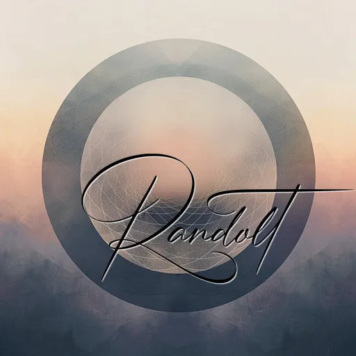 Abstract art with large circular design on a misty background, featuring elegant script text in the center.