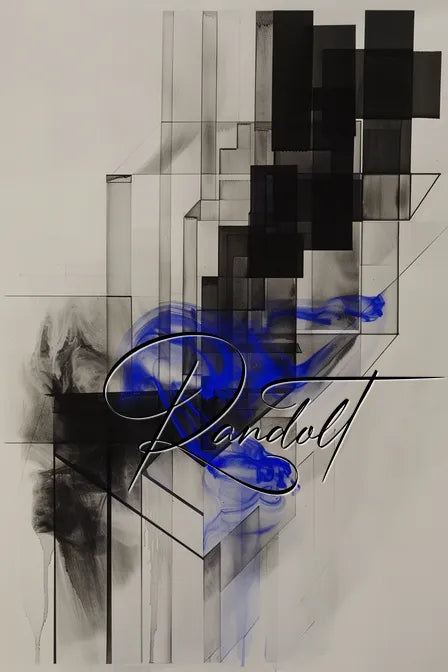 Abstract art with black geometric shapes and blue accents, featuring elegant cursive text.