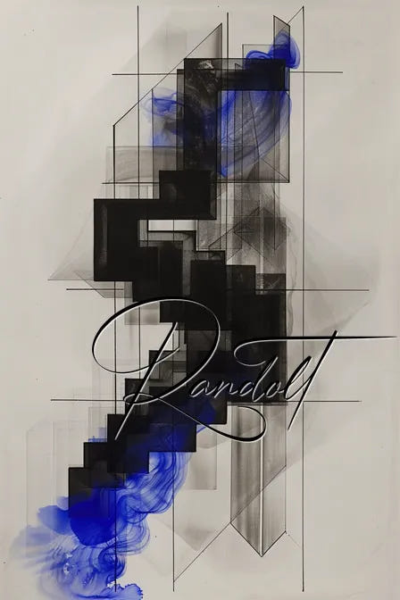 Abstract geometric art with black, gray squares, and blue watercolor accents; handwritten text overlays the design.