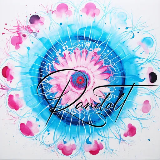 Abstract art with pink flower, blue radiating lines, and bold cursive text 'Pandit' overlaid.