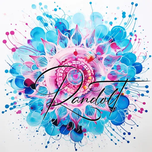 Colorful abstract mandala with blue and pink petals, decorated with swirling patterns and the word 'Bandol' in cursive.