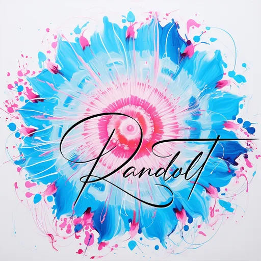 Colorful abstract blue and pink flower with the word 'Randwit' overlaid in elegant script.