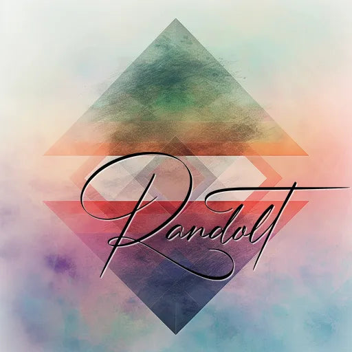 Abstract geometric design with layered triangles and vibrant colors. "Randolt" text in elegant script overlays image.