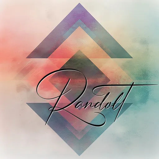 Geometric design with layered triangles in pastel colors and cursive text 'Randolt' overlaying the image.