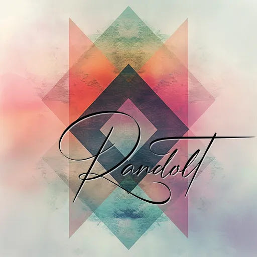 Geometric abstract design with overlapping triangles and "Randolt" text in calligraphic style.