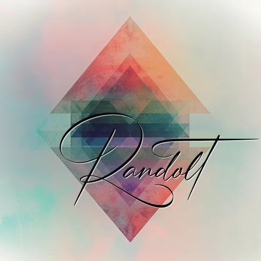 Geometric abstract design with layered diamond shapes and the word 'Randoh' in stylish script.