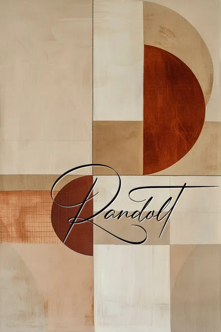 Abstract geometric painting with overlapping beige and rust-toned semicircles and rectangles, with cursive text overlay.