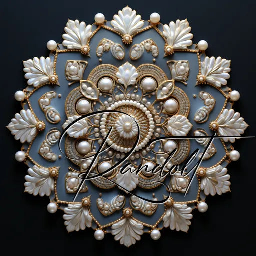 Elegant mandala art with pearls and gold accents on a dark background, featuring intricate floral and circular patterns.