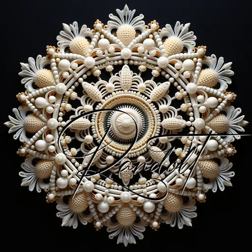 Intricate white mandala art on black background with elegant signature across the center.